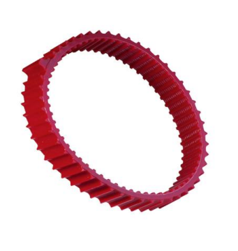 Red circular gear or timing belt with ridges