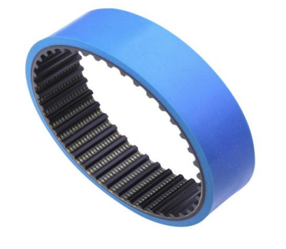 Blue and black roller bearing with internal gear teeth.