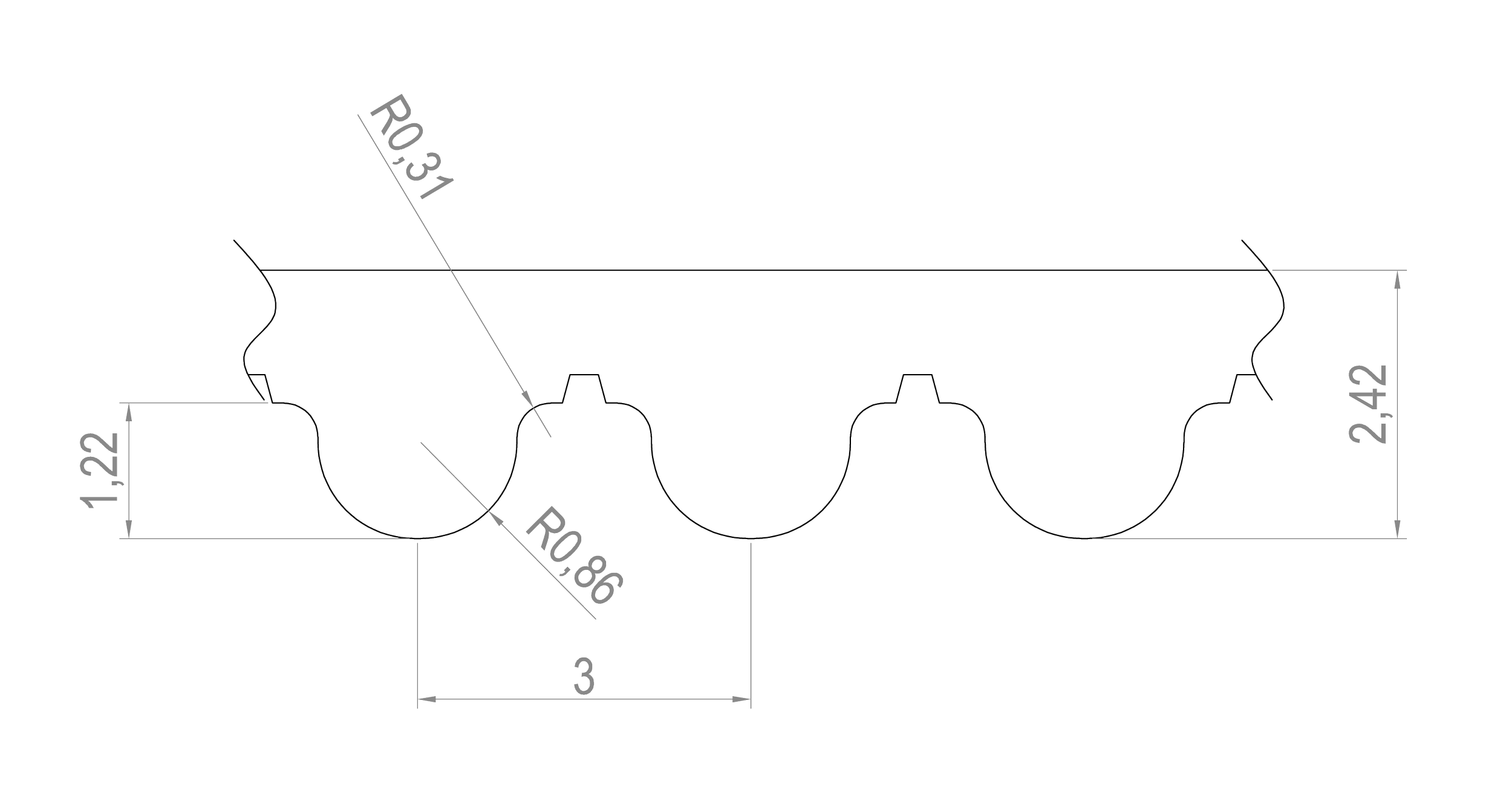 Technical drawing of a scalloped metal strip with detailed measurements and radii, viewed from the side.