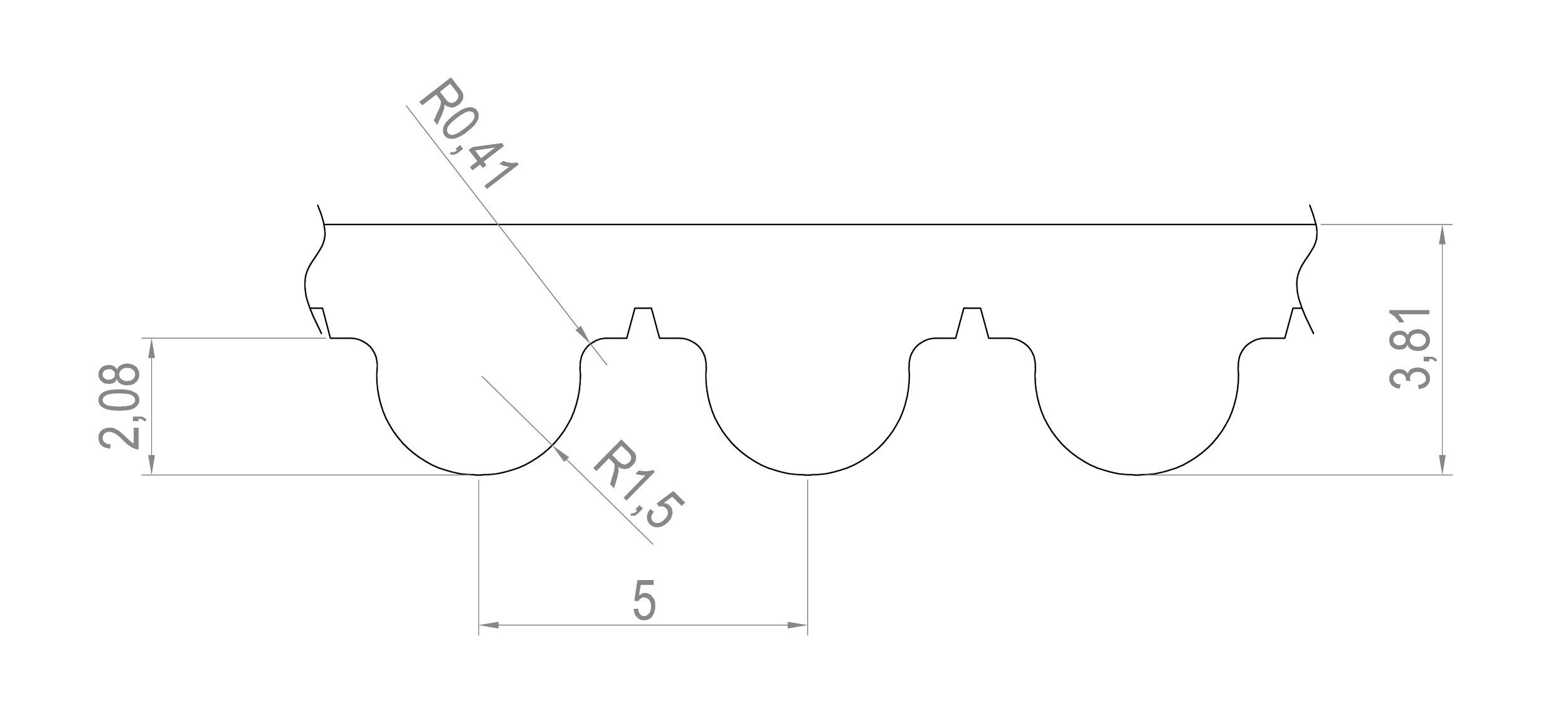 Technical drawing of a metal channel with dimensions and curved edges, including radius measurements R0.41 and R1.5.