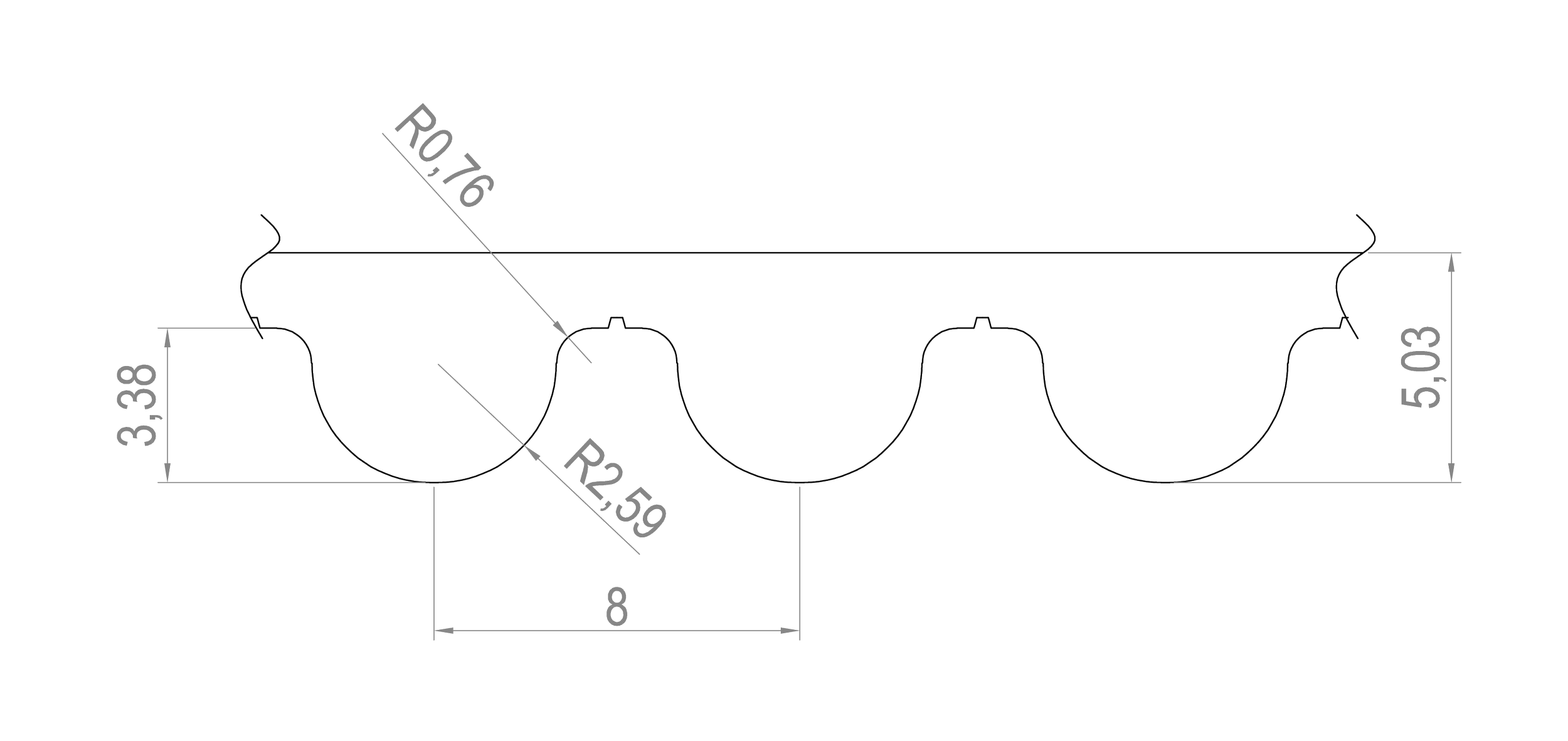 Technical drawing of a wavy metal strip with dimensions and radii labeled, including 3.38 inches height, 8 inches length, 5.03 inches height, with radii R0.76 and R2.59.