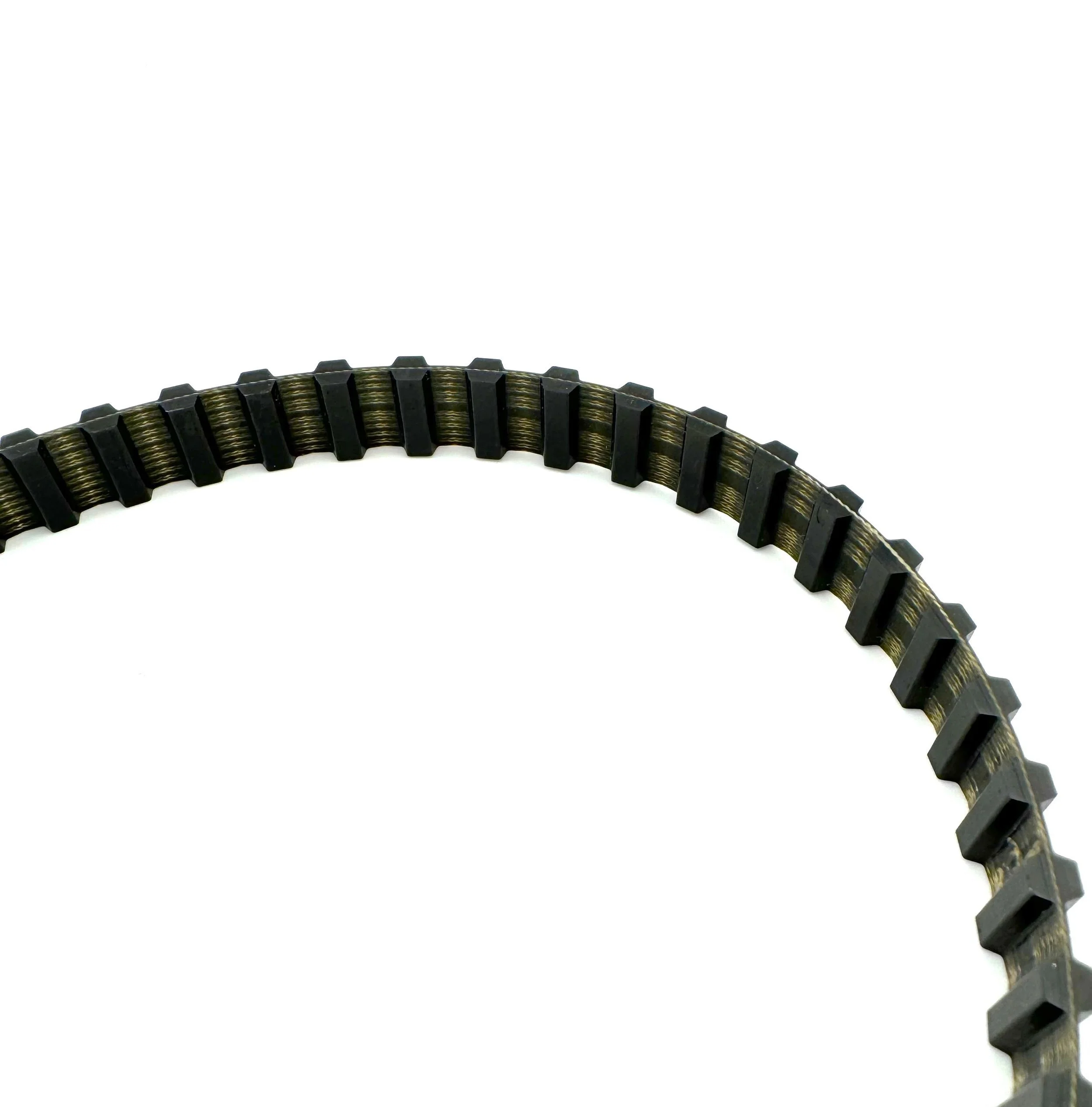 Close-up of a curved, black, toothed gear or belt with evenly spaced protrusions against a plain white background.
