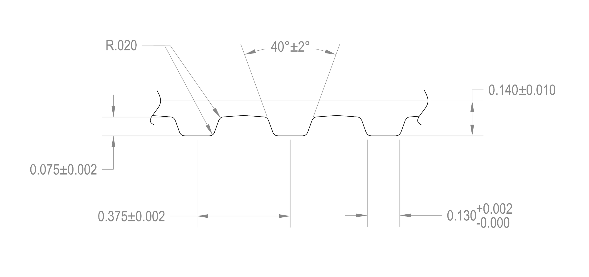 Technical drawing of a sheet metal or corrugated metal profile with measurements and angles, including a 40-degree angle and various dimensions in inches with tolerances.