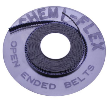 A circular packaging label for CHEM-FLEX open-ended belts, with the belts visible inside through a clear plastic window.