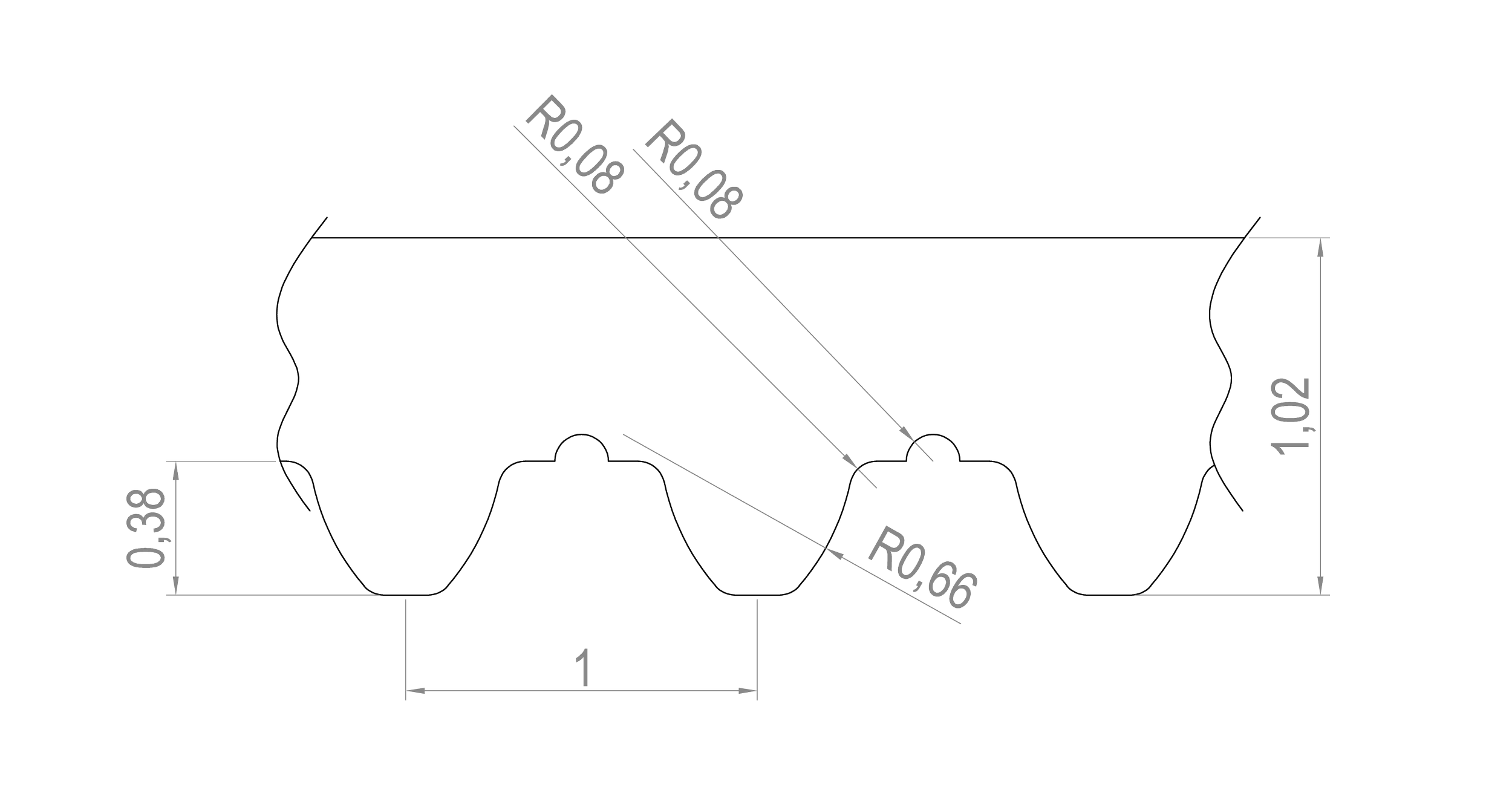 A technical drawing of a wavy, irregular-shaped object with measurements. The drawing shows dimensions including 0.38, 1, 1.02 units, and radii of 0.06, 0.08 units.