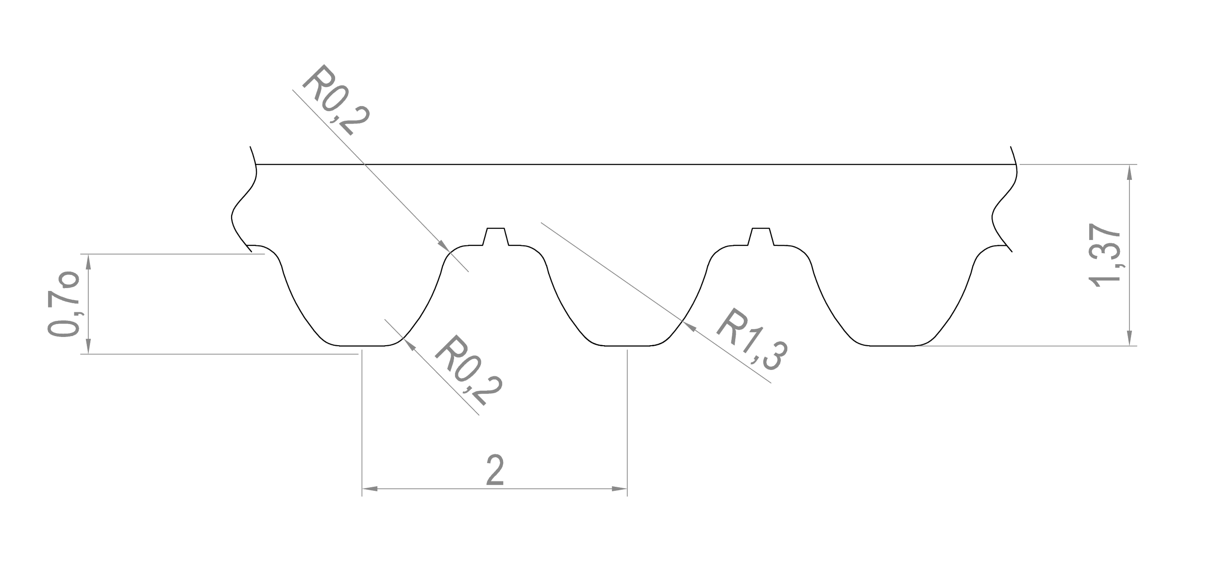 Technical drawing of a metal profile with dimensions, including radius measurements R0.2, R1.3, and R0.2, and length measures of 2 and 1.37 units.