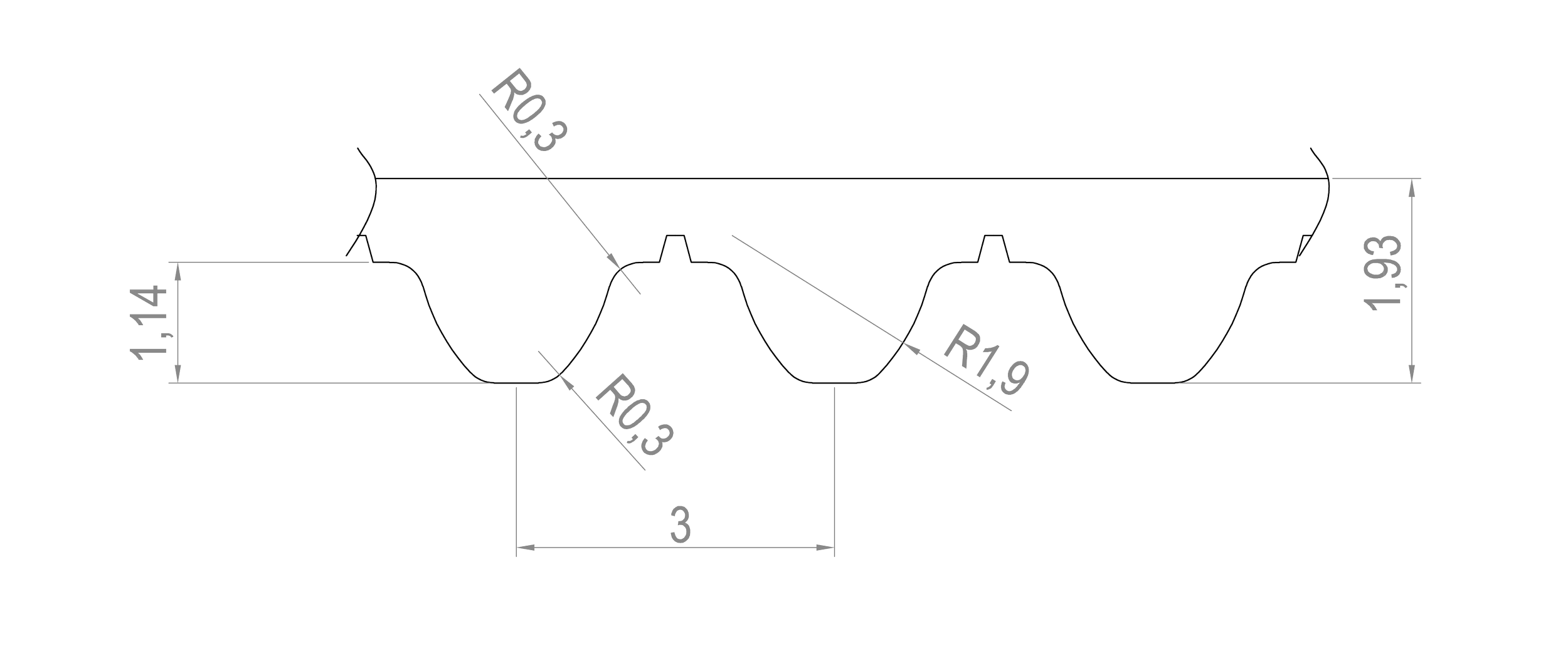Technical drawing of a wavy, grooved metal sheet with dimensions and radius measurements, showing the shape and depth of the grooves.