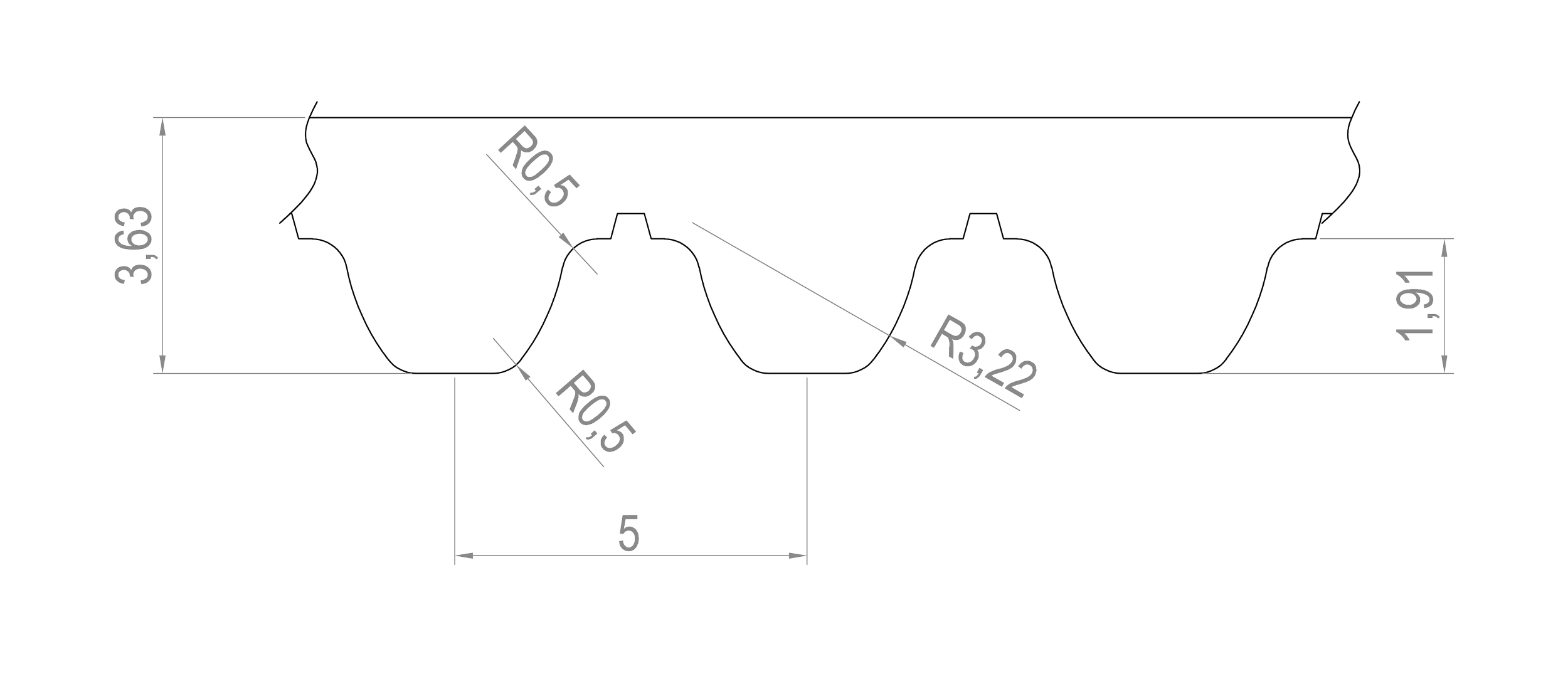 Technical drawing of a wavy metal sheet profile with measurements, including height 3.83 inches, width 5 inches, and radii of 0.5 inches and 3.22 inches.