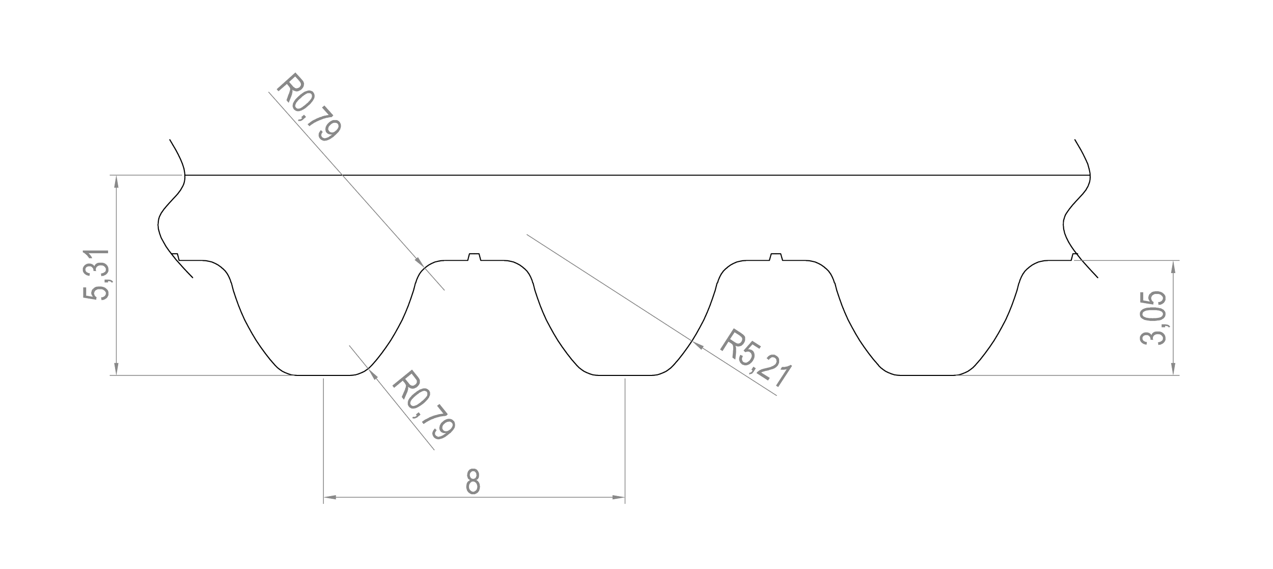 Technical drawing of a metal profile with dimensions, curved shapes, and radii marked as R0.79 and R5.21.