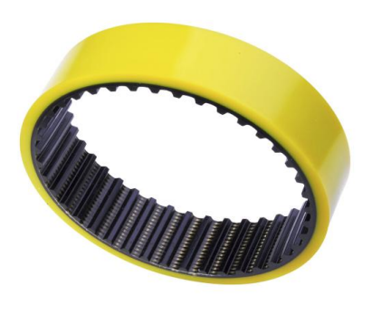 Yellow circular bearing with black inner teeth for mechanical use.